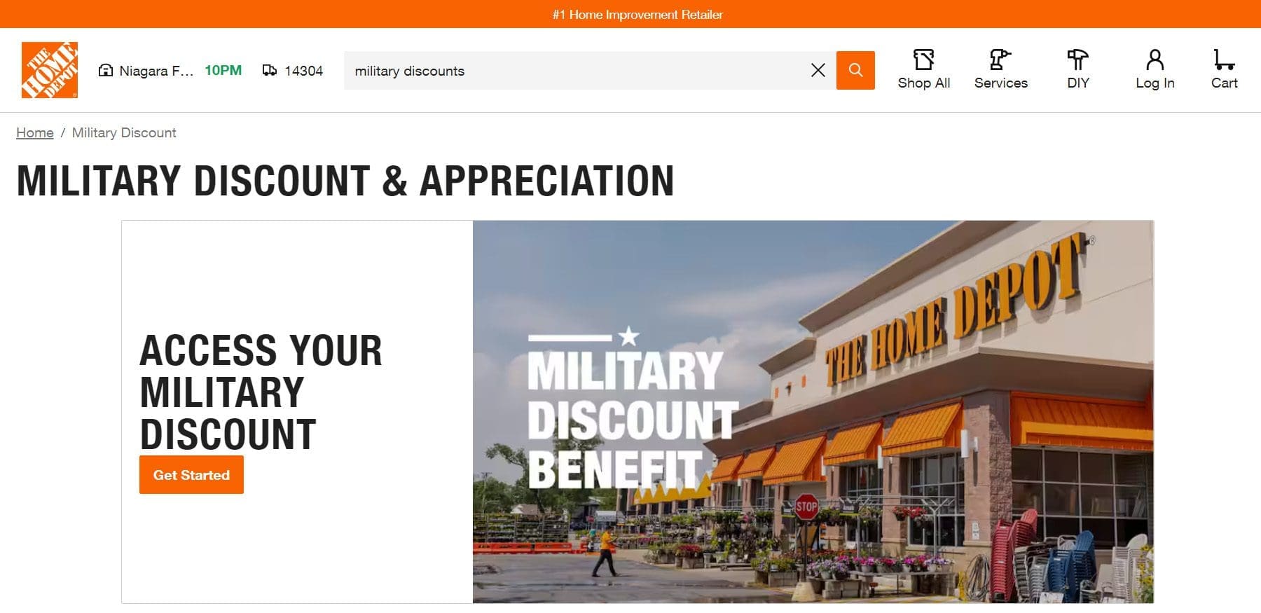 Screenshot of the Home Depot Military Discount page on the Home Depot website