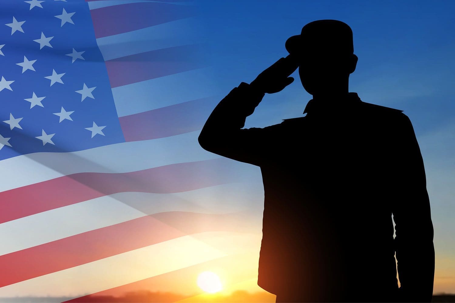 Featured image for Veteran Life Insurance, showing the silhouette of a Veteran in front of a flag of the United States