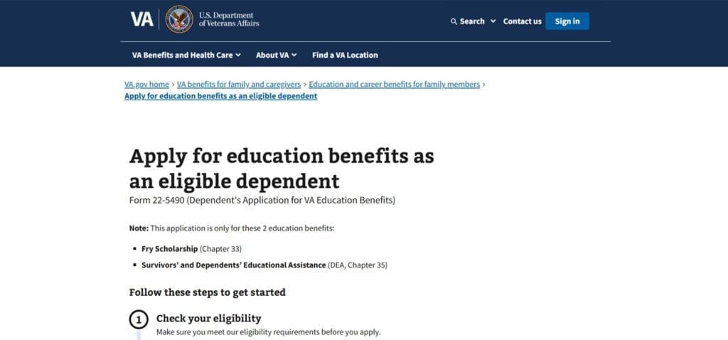 Image for Chapter 35 VA Benefits, showing a partial Dependent's Application form for the VA Education Benefits on the VA website.