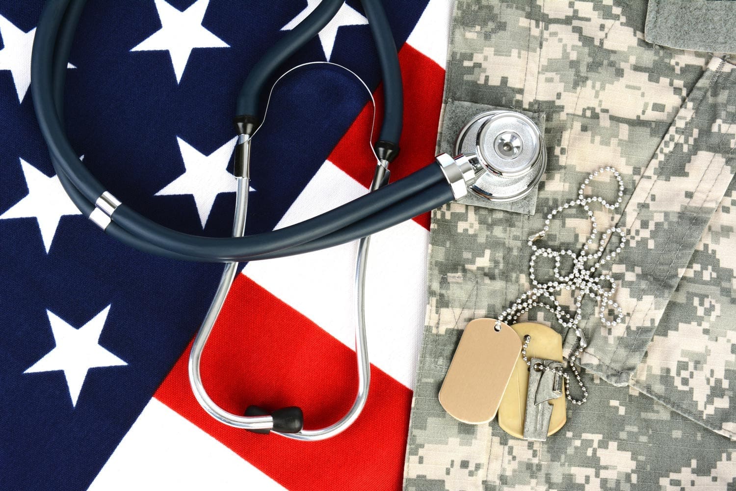 Featured image for TRICARE for Active Duty, showing a stethoscope on a flag of the United States and a military dog tag on a military uniform